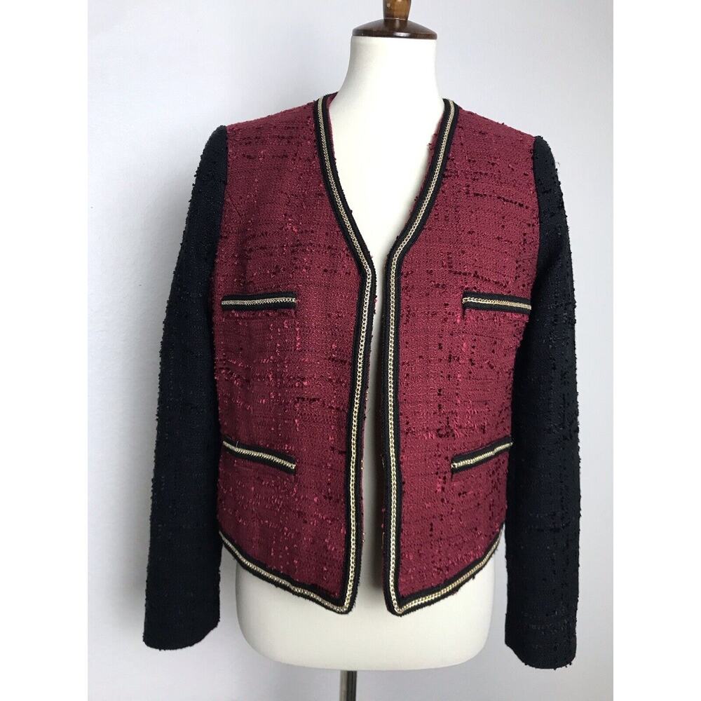 Mango Burgundy Tweed Blazer with Black Sleeves
